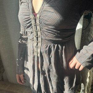 Freepeople Plaid Ruched Front Long Sleeve Women’s Dress - Gray